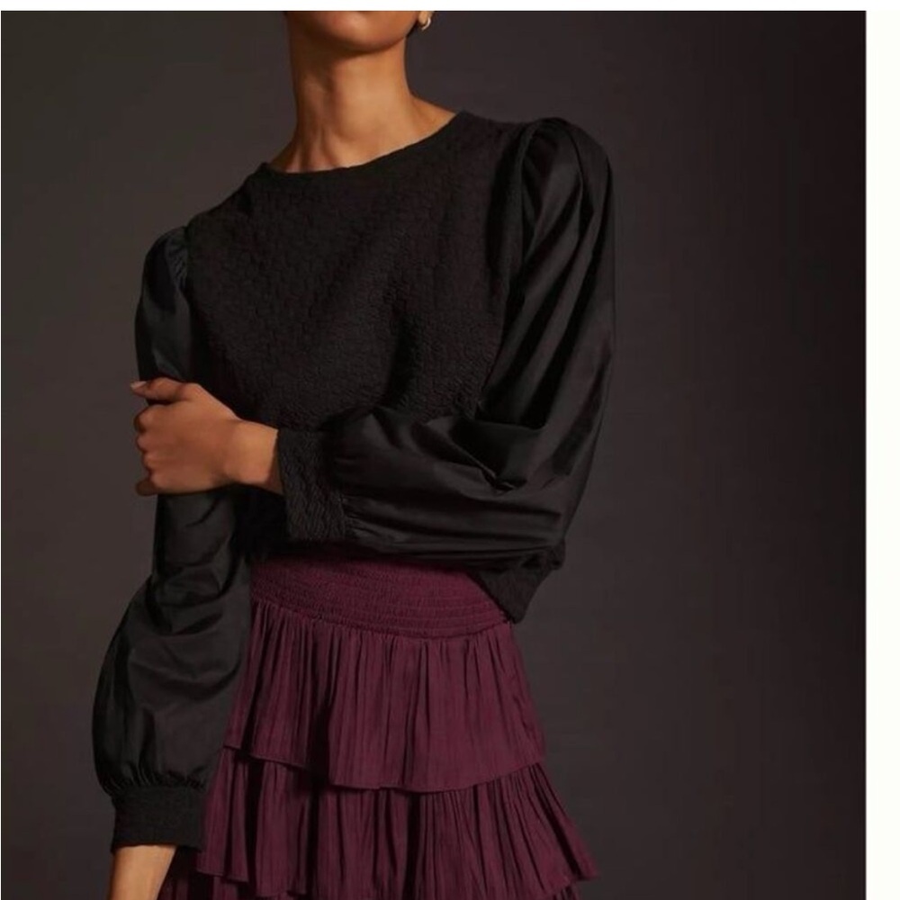 Anthropologie Porridge Black Puff sleeve Textured Sweatshirt medium